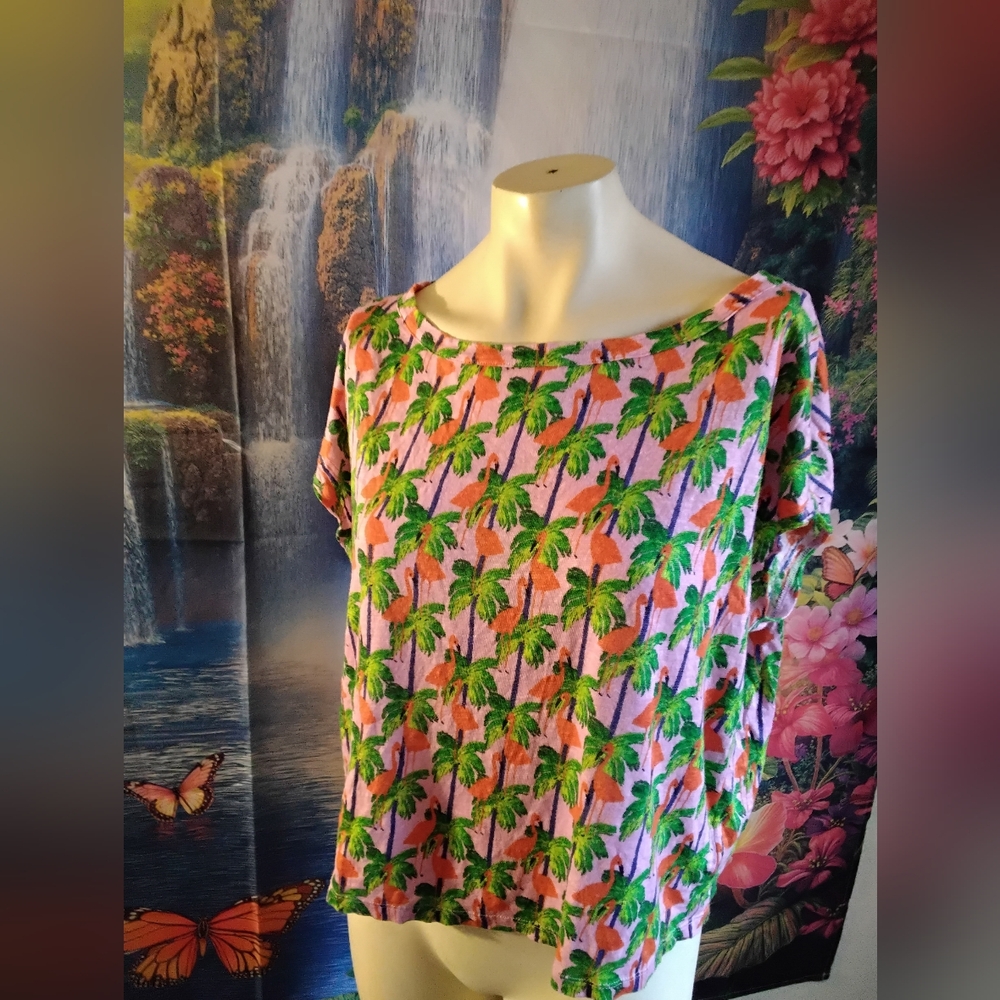 Bouffants & Broken Hearts linen pink flamingos blouse top shirt women’s SZ Large